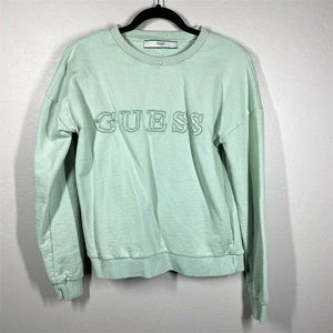 GUESS Green Embroidered Logo Crew Neck Sweatshirt Long Sleeve Terry Knit…
